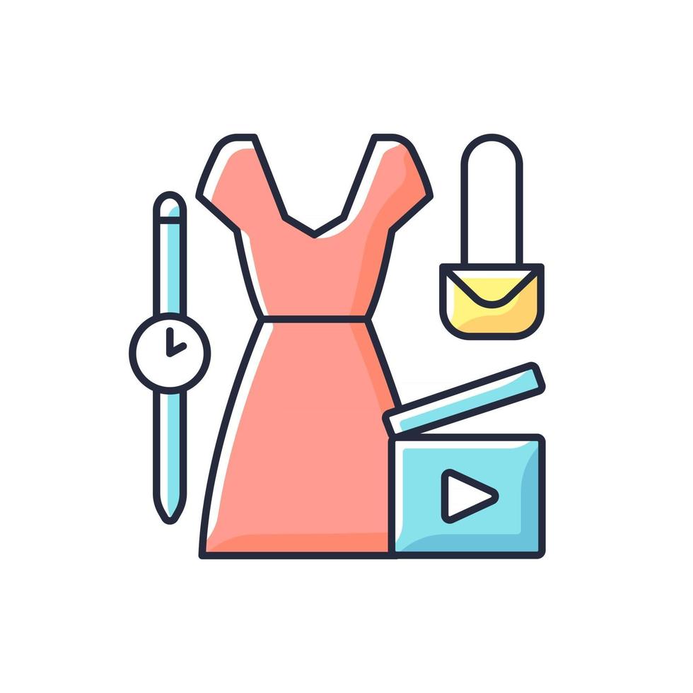 Fashion video RGB color icon. Female beauty vlog. Women style for blog content. Shooting footage for clothing and outfit. Isolated vector illustration. Videography simple filled line drawing