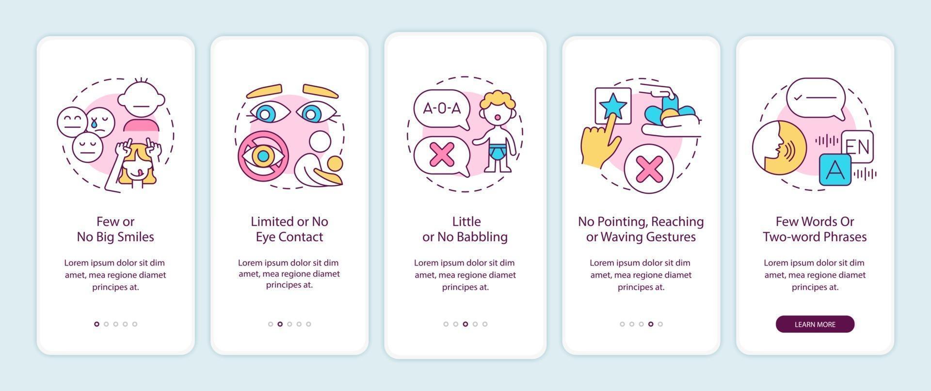 Autism signs in kids onboarding mobile app page screen. No big smiles, eye contact walkthrough 5 steps graphic instructions with concepts. UI, UX, GUI vector template with linear color illustrations