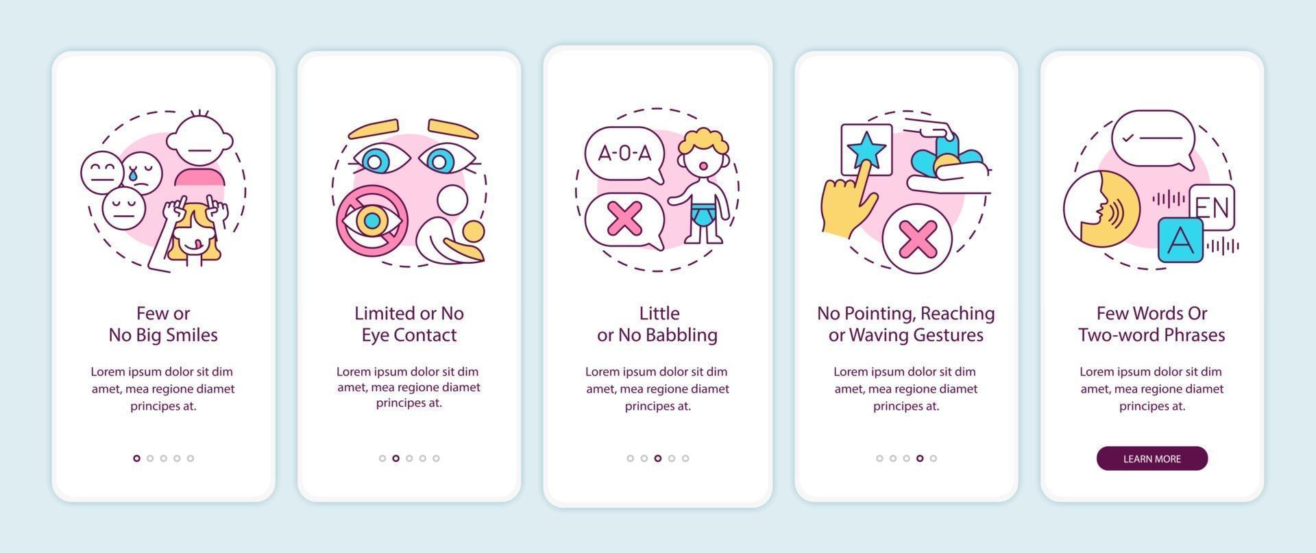 signos de autismo en la pantalla de la página de la aplicación móvil de incorporación de niños. sin grandes sonrisas, tutorial de contacto visual 5 pasos, instrucciones gráficas con conceptos. ui, ux, plantilla de vector de interfaz gráfica de usuario con ilustraciones en color lineal