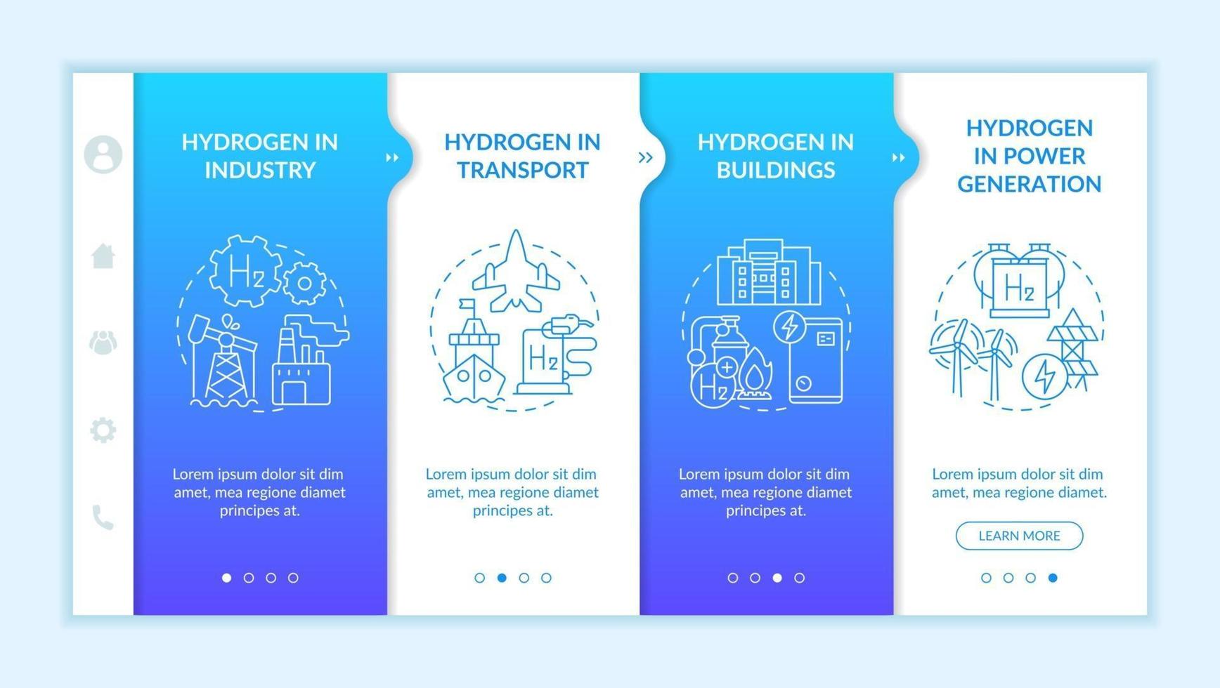 plantilla de vector de incorporación de consumo de hidrógeno. sitio web móvil receptivo con iconos. Tutorial de la página web Pantallas de 4 pasos. industria, concepto de color de transporte con ilustraciones lineales