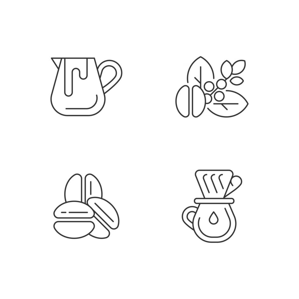 Conjunto de iconos lineales de preparación de café. jarra de leche para barista. frijoles crudos. arábica tostada. símbolos de contorno de línea fina personalizables. ilustraciones de contorno de vector aislado. trazo editable