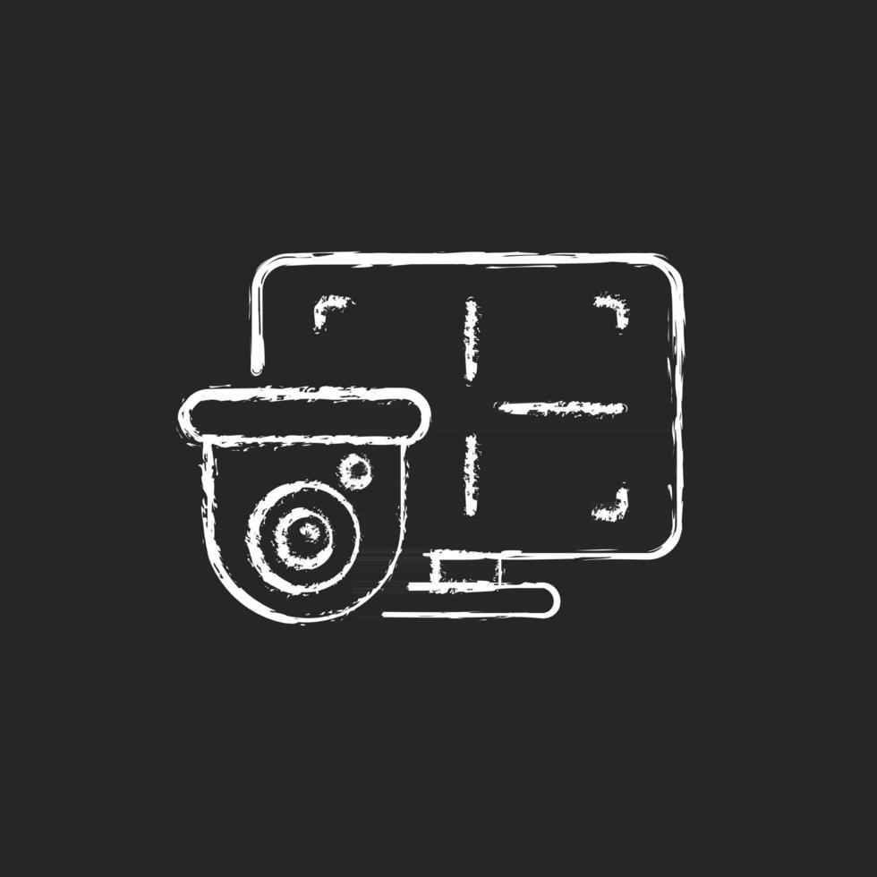 CCTV monitor chalk white icon on dark background. Device for surveillance video in real-time display. Converting signal into visual picture. Isolated vector chalkboard illustration on black