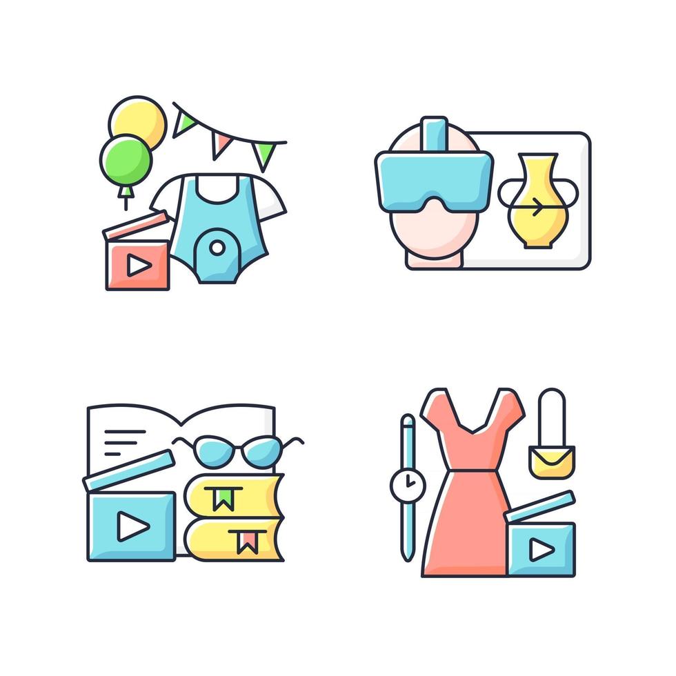 Types of video RGB color icons set. Baby shower party. VR headset. Book review. Fashion blog. Beauty vlog. Isolated vector illustrations. Videography simple filled line drawings collection