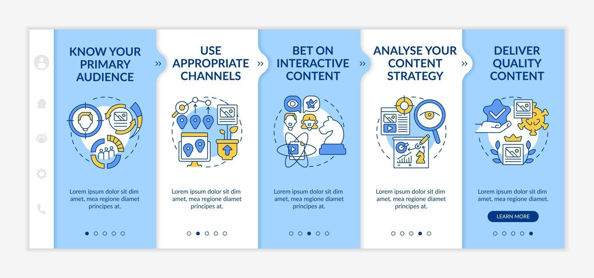 Buzzworthy content techniques onboarding vector template. Responsive mobile website with icons. Web page walkthrough 5 step screens. Know primary audience color concept with linear illustrations