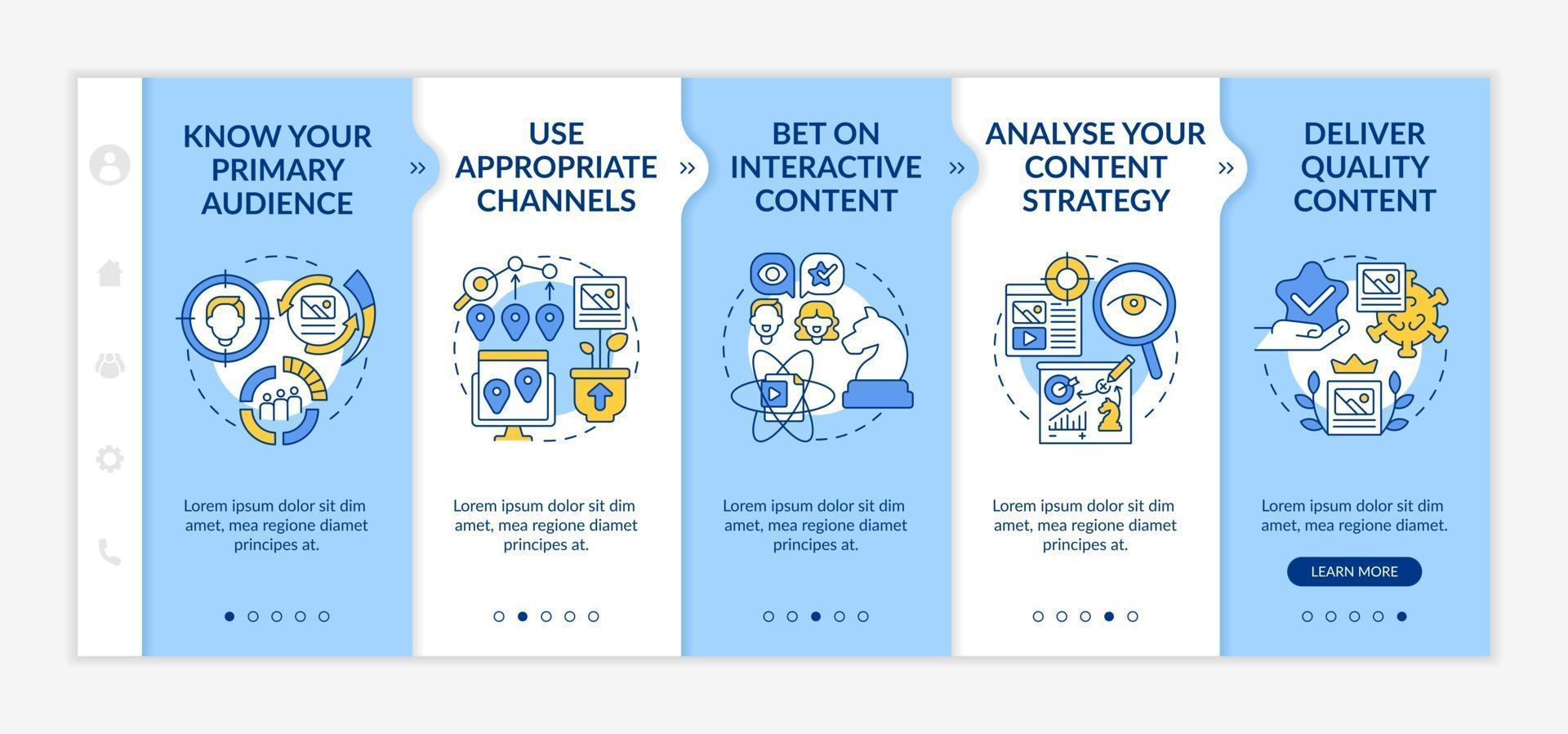 Plantilla de vector de incorporación de técnicas de contenido digno de mención. sitio web móvil receptivo con iconos. Tutorial de la página web Pantallas de 5 pasos. Conozca el concepto de color de la audiencia principal con ilustraciones lineales