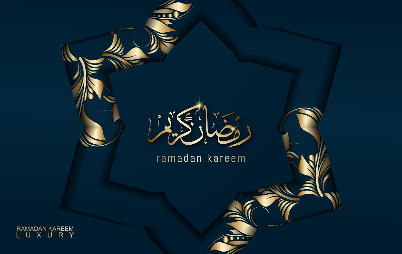 Ramadán Kareem en estilo de lujo con caligrafía árabe. mandala dorado de lujo sobre fondo azul oscuro para ramadán mubarak vector