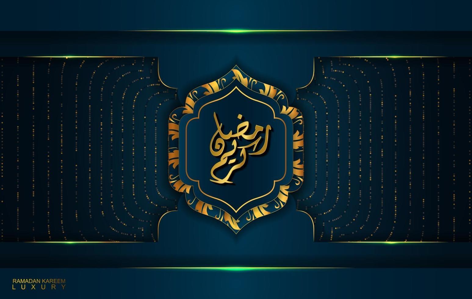 Ramadán Kareem en estilo de lujo con caligrafía árabe. mandala dorado de lujo sobre fondo azul oscuro para ramadán mubarak vector