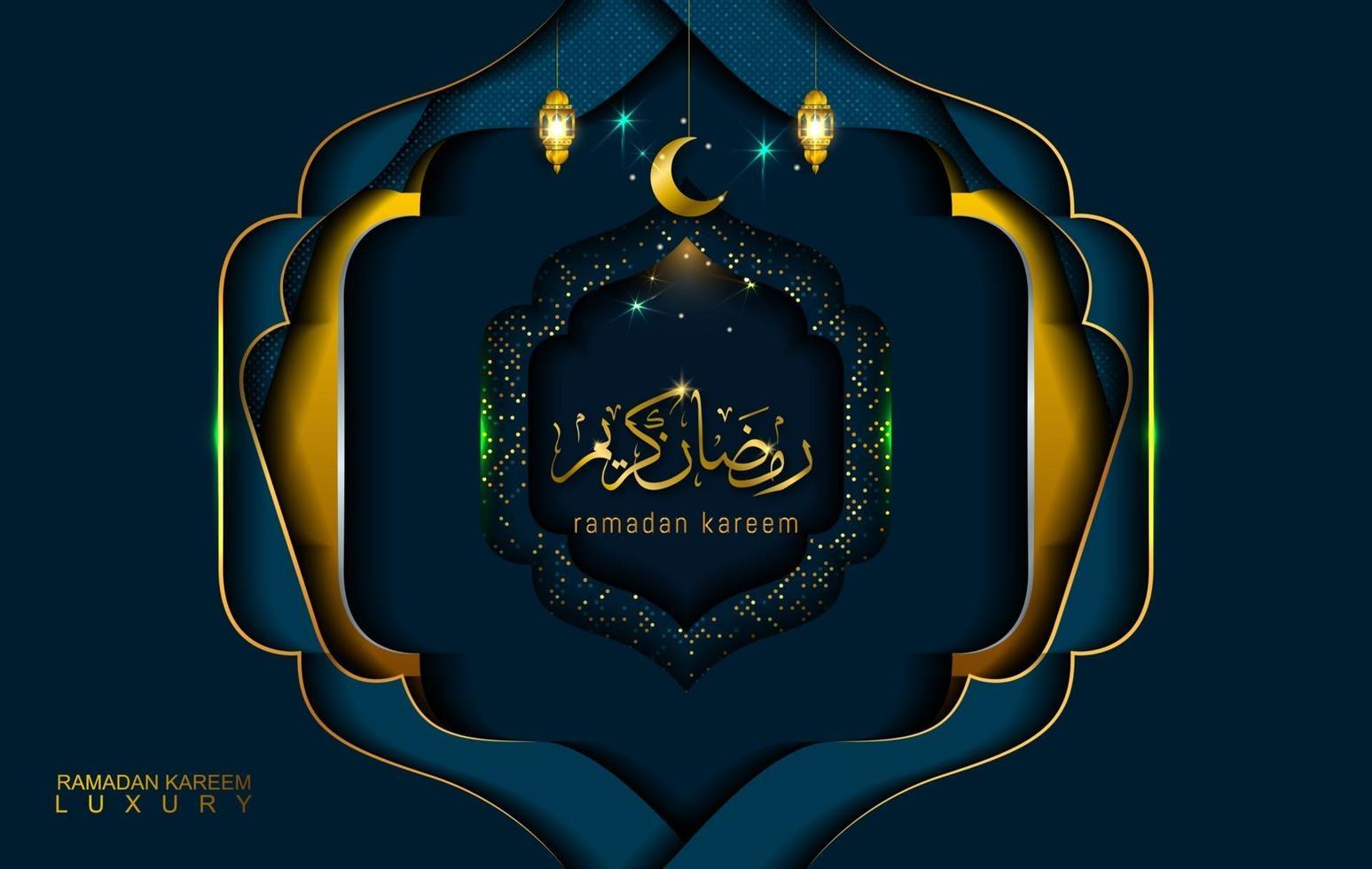 Ramadán Kareem en estilo de lujo con caligrafía árabe. mandala dorado de lujo sobre fondo azul oscuro para ramadán mubarak vector