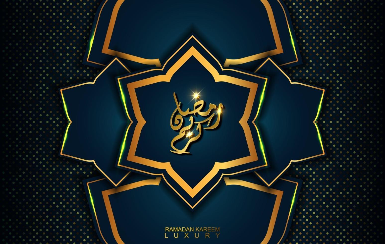 Ramadán Kareem en estilo de lujo con caligrafía árabe. mandala dorado de lujo sobre fondo azul oscuro para ramadán mubarak vector