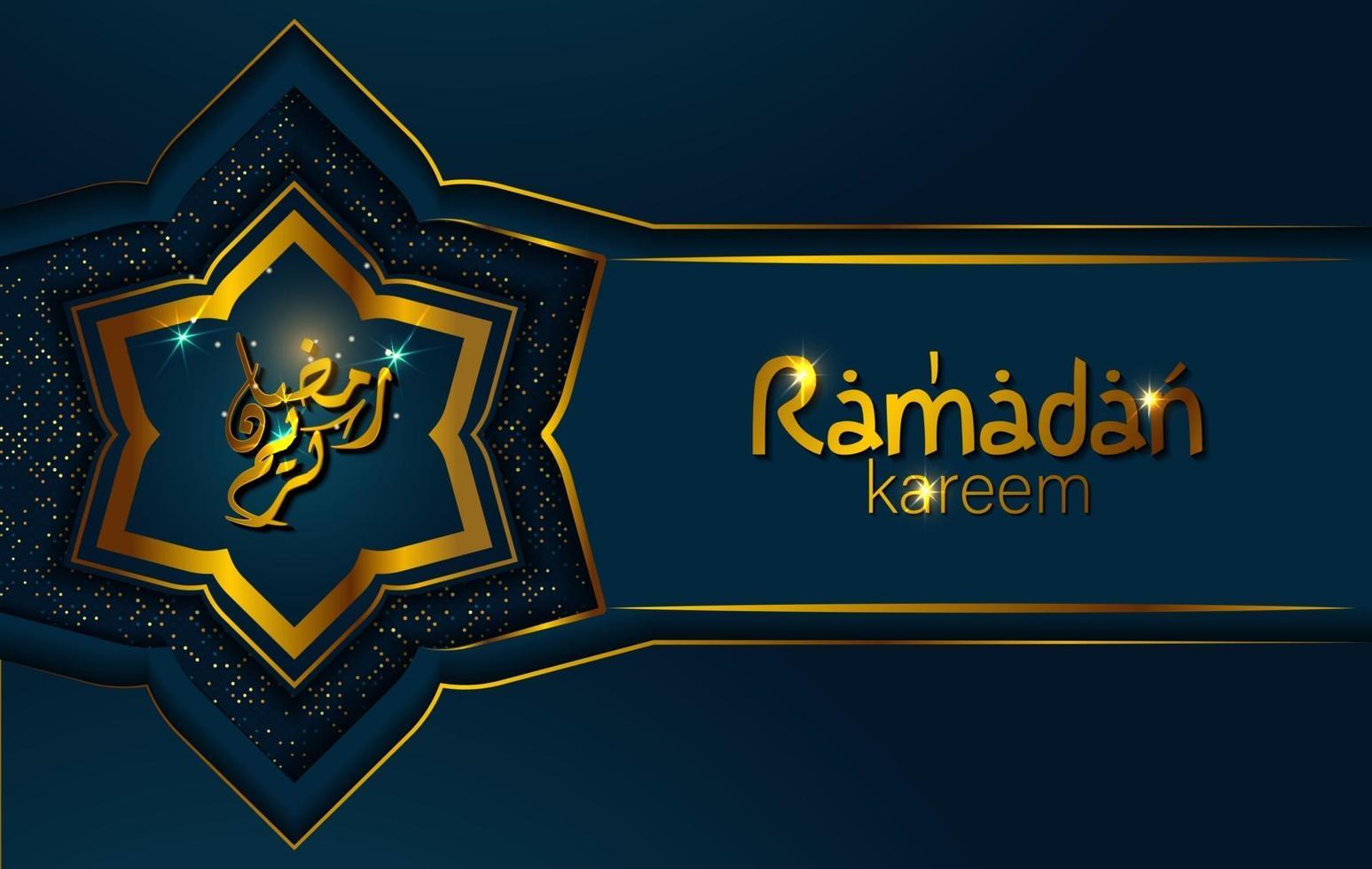 Ramadán Kareem en estilo de lujo con caligrafía árabe. mandala dorado de lujo sobre fondo azul oscuro para ramadán mubarak vector