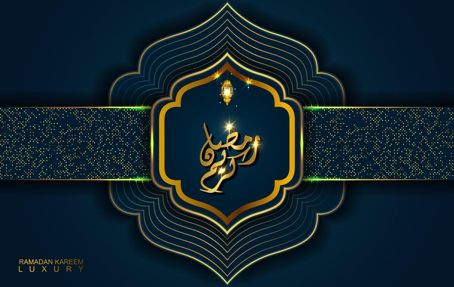 Ramadán Kareem en estilo de lujo con caligrafía árabe. mandala dorado de lujo sobre fondo azul oscuro para ramadán mubarak vector