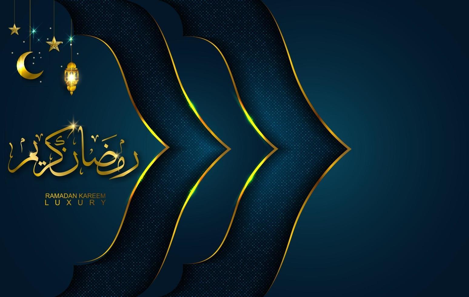 Ramadán Kareem en estilo de lujo con caligrafía árabe. mandala dorado de lujo sobre fondo azul oscuro para ramadán mubarak vector