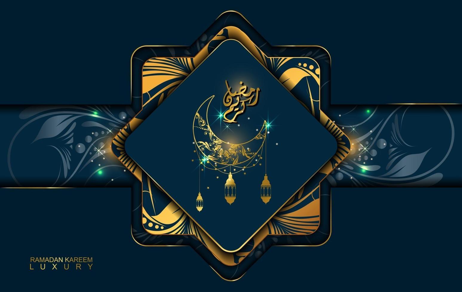 Ramadán Kareem en estilo de lujo con caligrafía árabe. mandala de lujo sobre fondo azul oscuro para ramadán mubarak vector