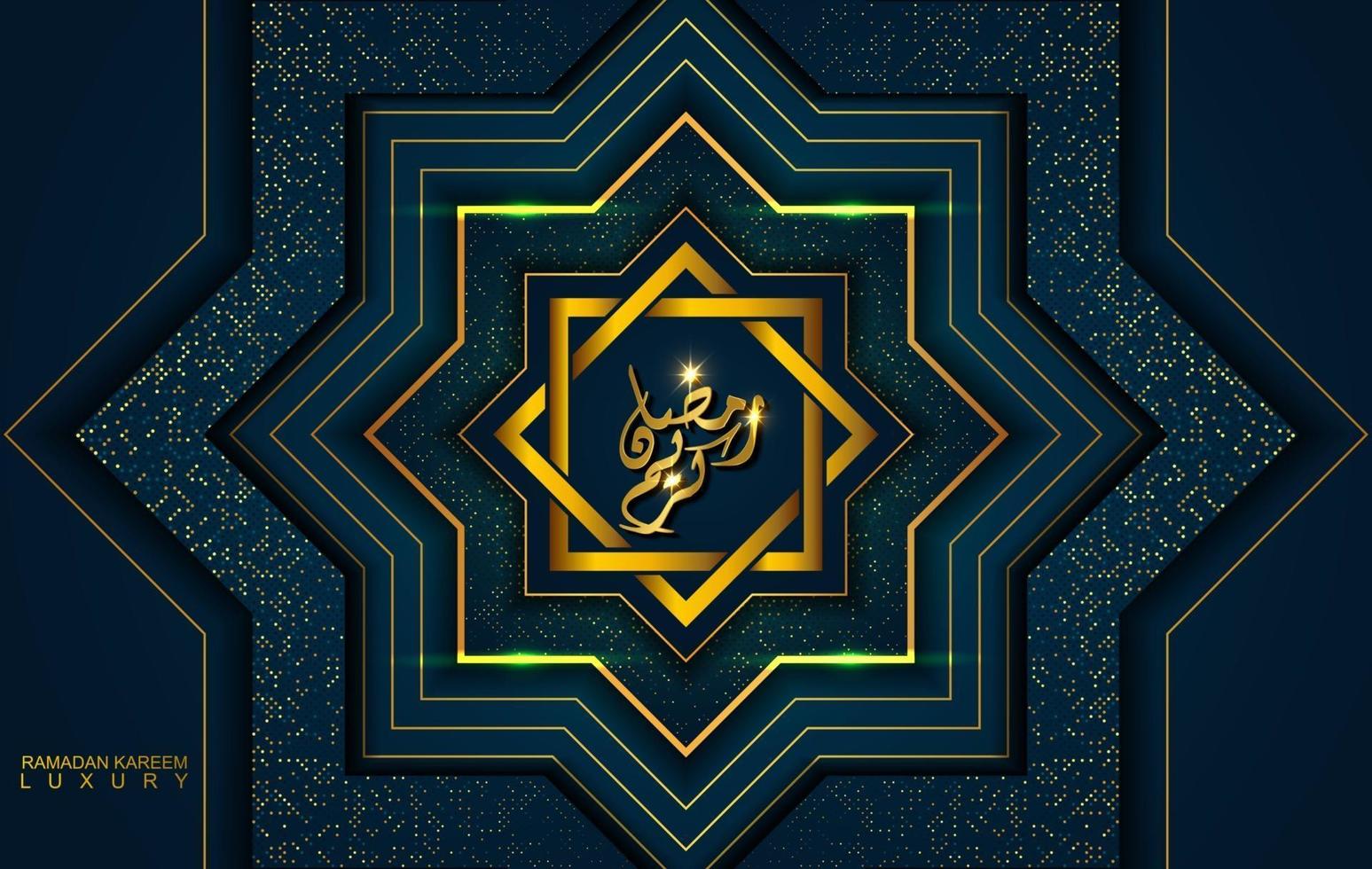 Ramadán Kareem en estilo de lujo con caligrafía árabe. mandala dorado de lujo sobre fondo azul oscuro para ramadán mubarak vector