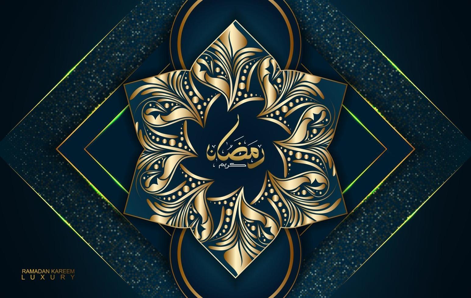 Ramadán Kareem en caligrafía árabe de estilo de lujo. mandala dorado de lujo sobre fondo azul oscuro para ramadán mubarak vector