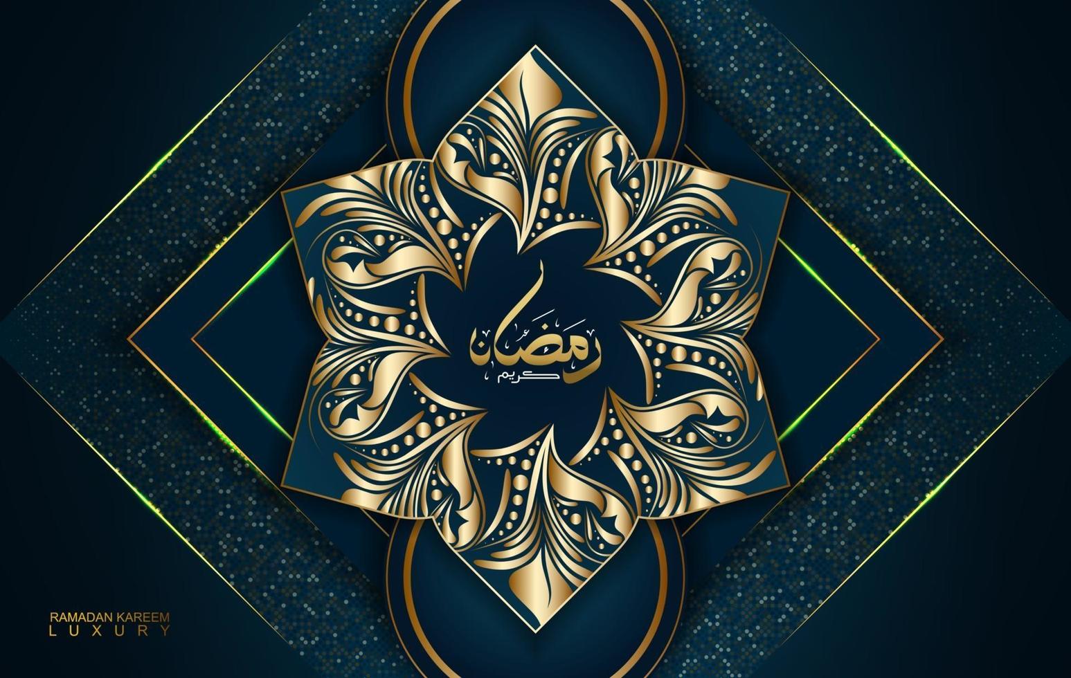 Ramadan Kareem in luxury style Arabic calligraphy. Luxury golden mandala on dark blue background for Ramadan Mubarak vector
