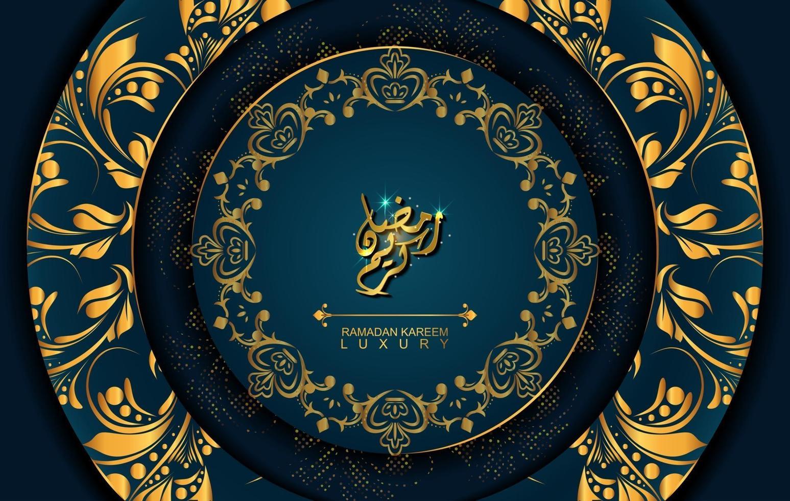 Ramadán Kareem en estilo de lujo con caligrafía árabe. mandala dorado de lujo sobre fondo azul oscuro para ramadán mubarak vector