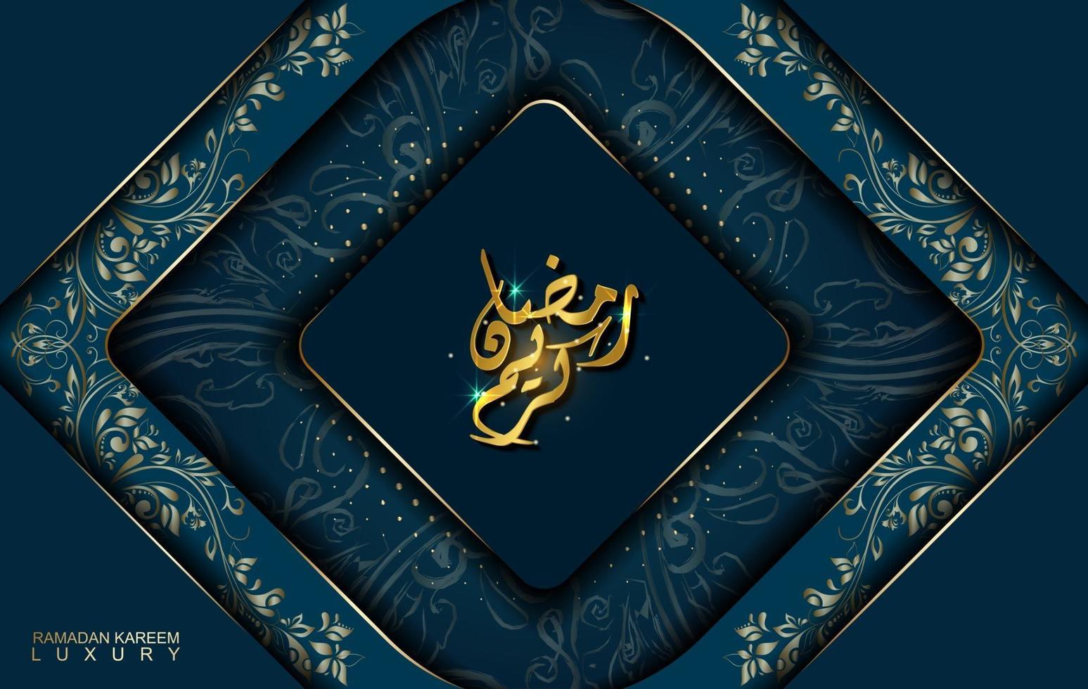 Ramadán Kareem en estilo de lujo con caligrafía árabe. mandala dorado de lujo sobre fondo azul oscuro para ramadán mubarak vector