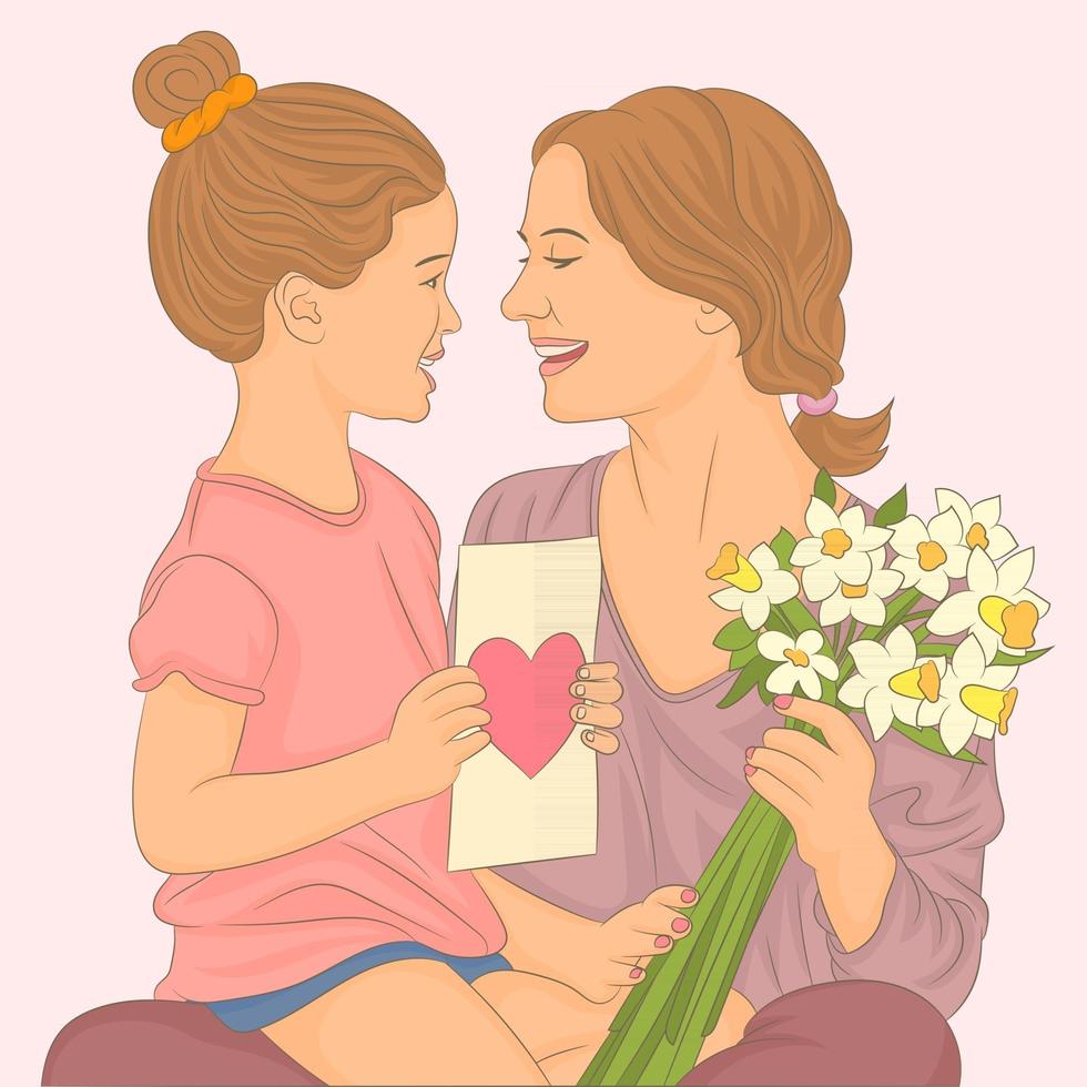 La hija del niño felicita a la madre y le da un ramo de flores. vector