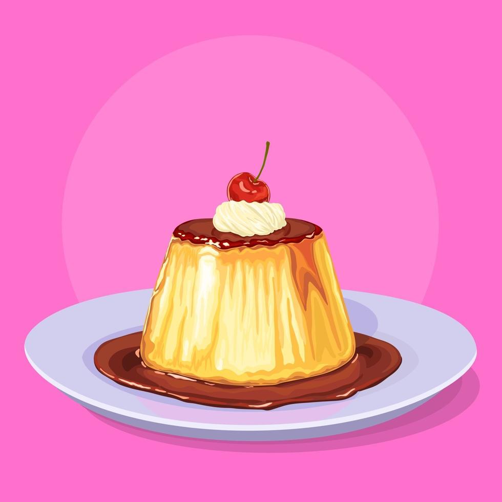 caramel pudding decorated with a cherry vector