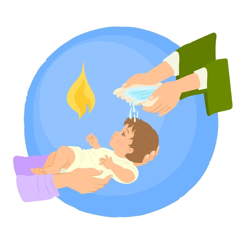 Newborn baby baptism by water with hands of priest vector