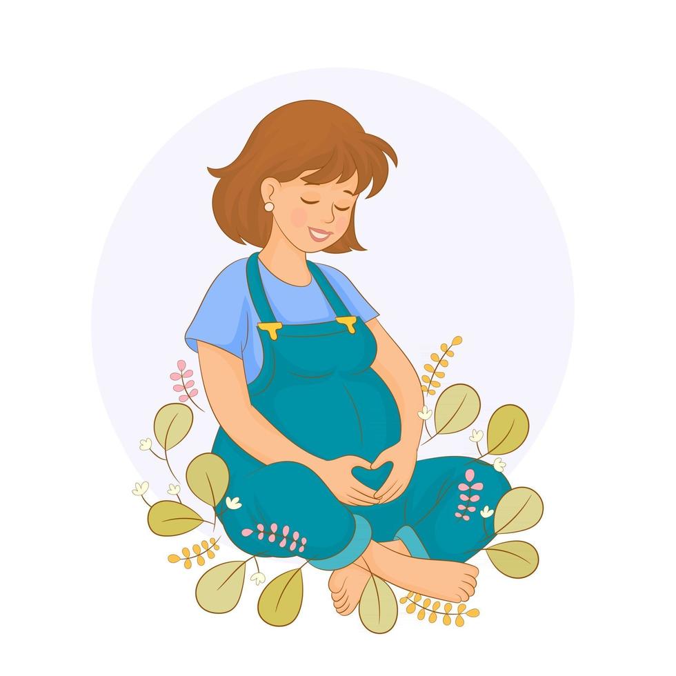 Happy pregnant woman touching belly and admiring her baby. vector