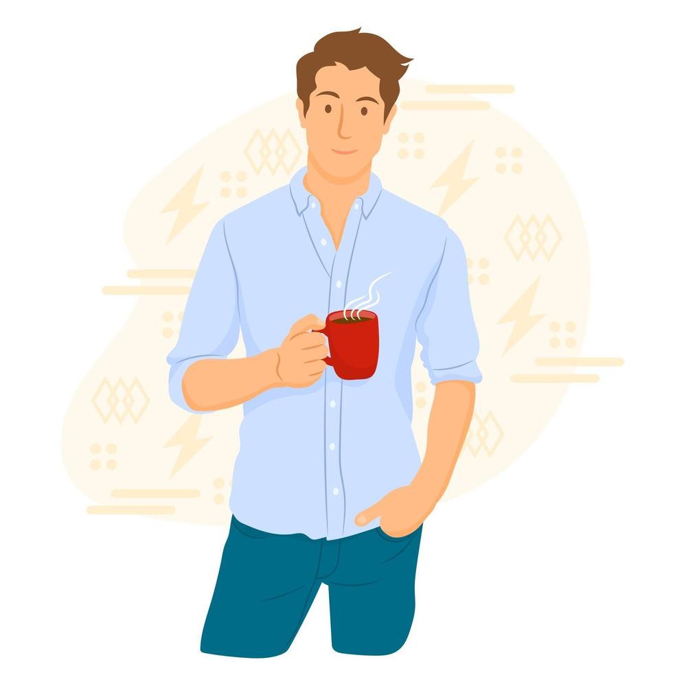 hombre sosteniendo café caliente, bebiendo café recién hecho vector