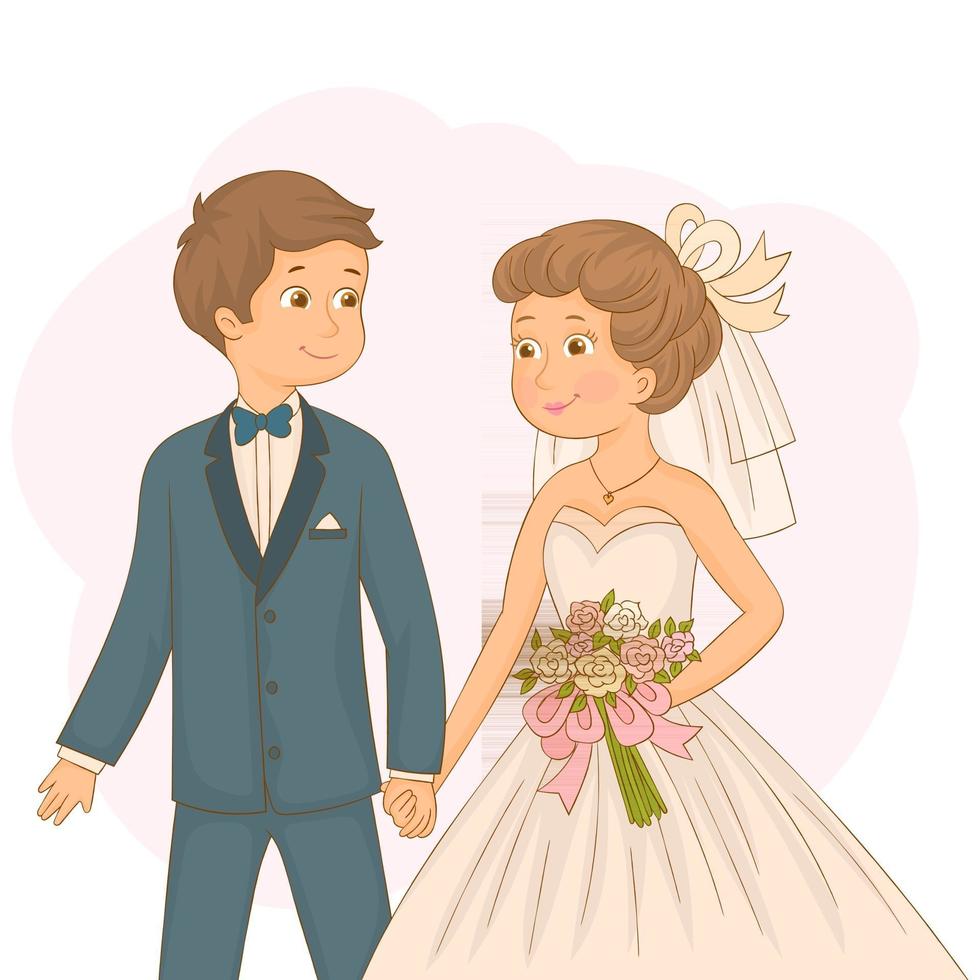 Cute bride and groom holding hands. Cute wedding couple vector