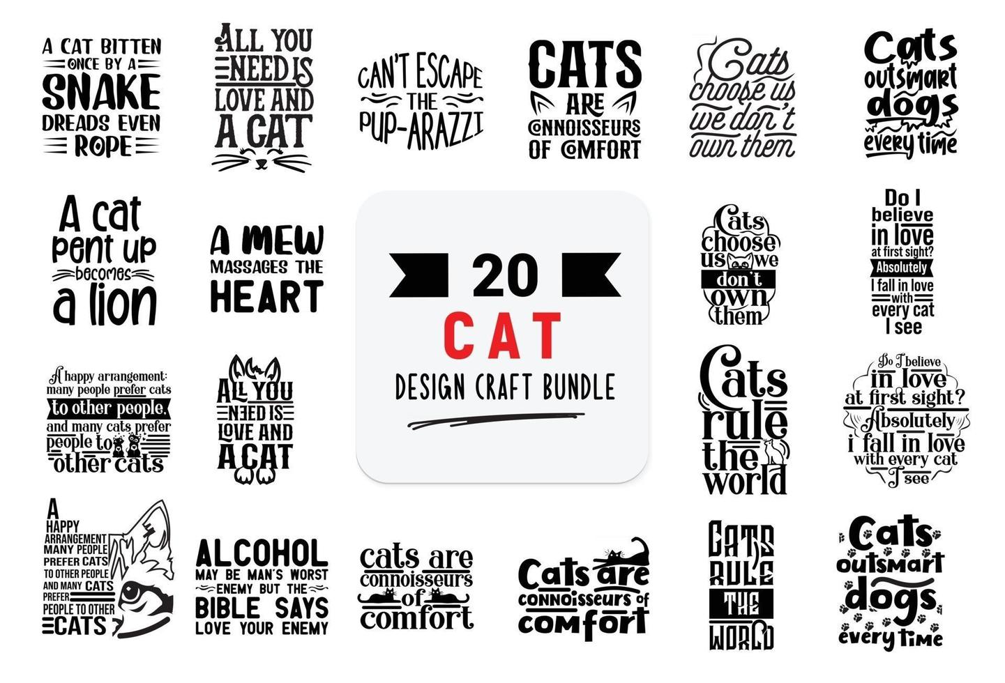 paquete de diseño artesanal con citas de letras de gatos. vector