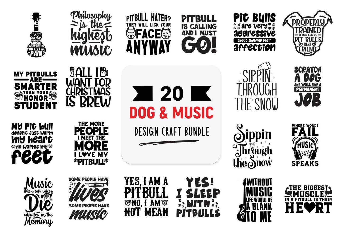 Paquete de diseño artesanal con citas de letras de perros y música. vector