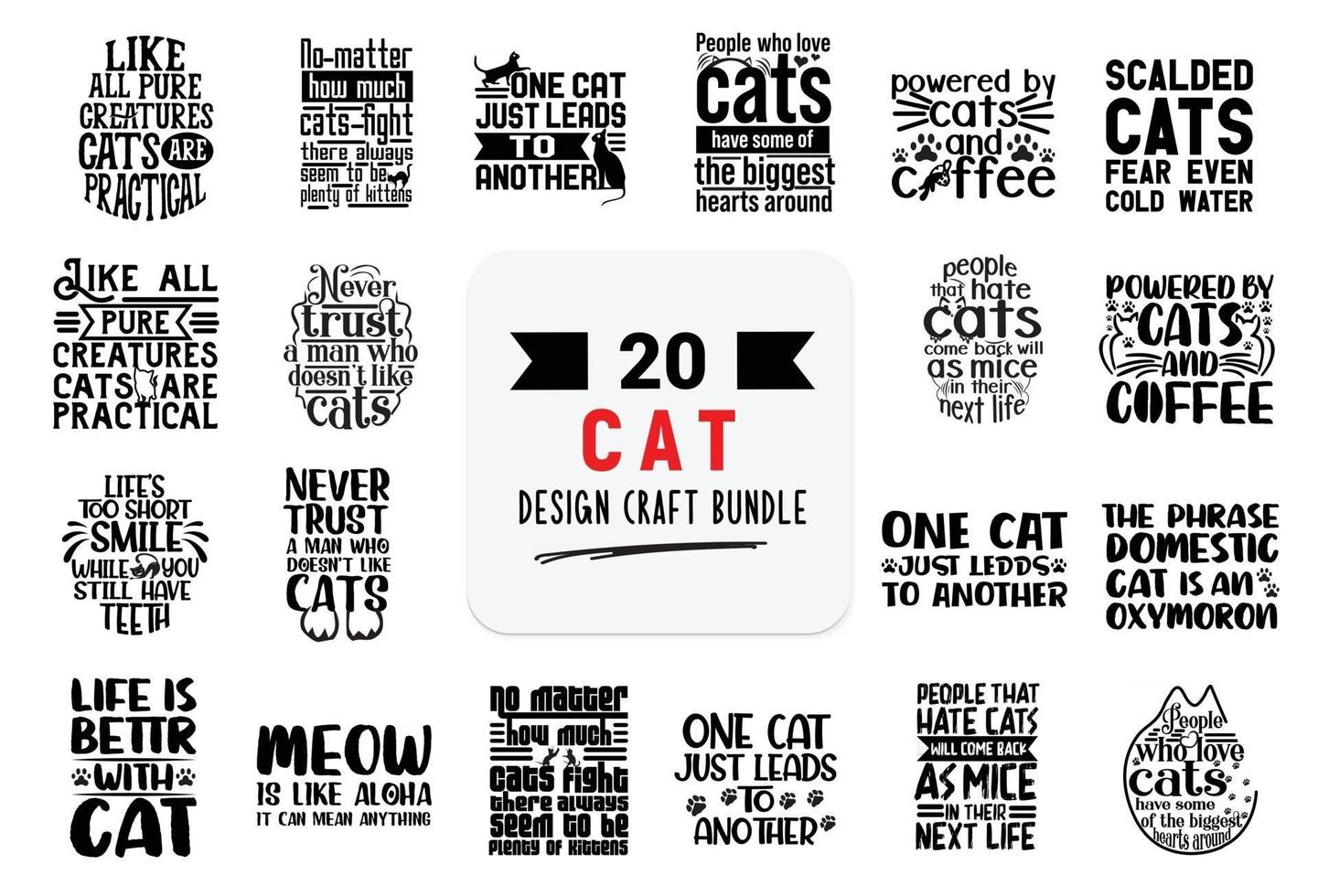 paquete de diseño artesanal con citas de letras de gatos. vector