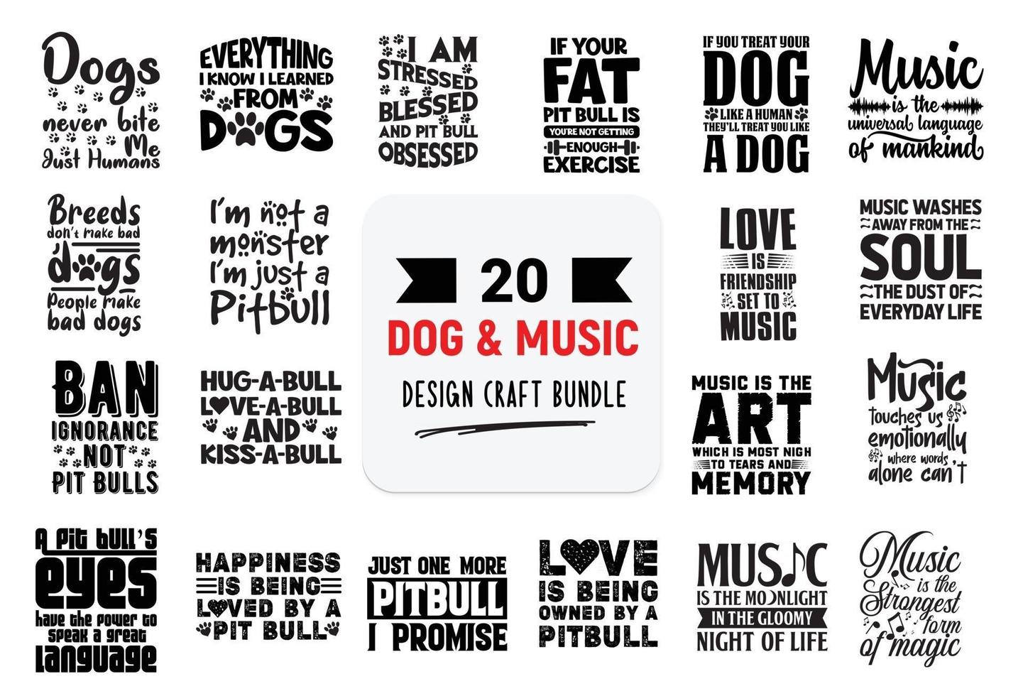 Paquete de diseño artesanal con citas de letras de perros y música. vector