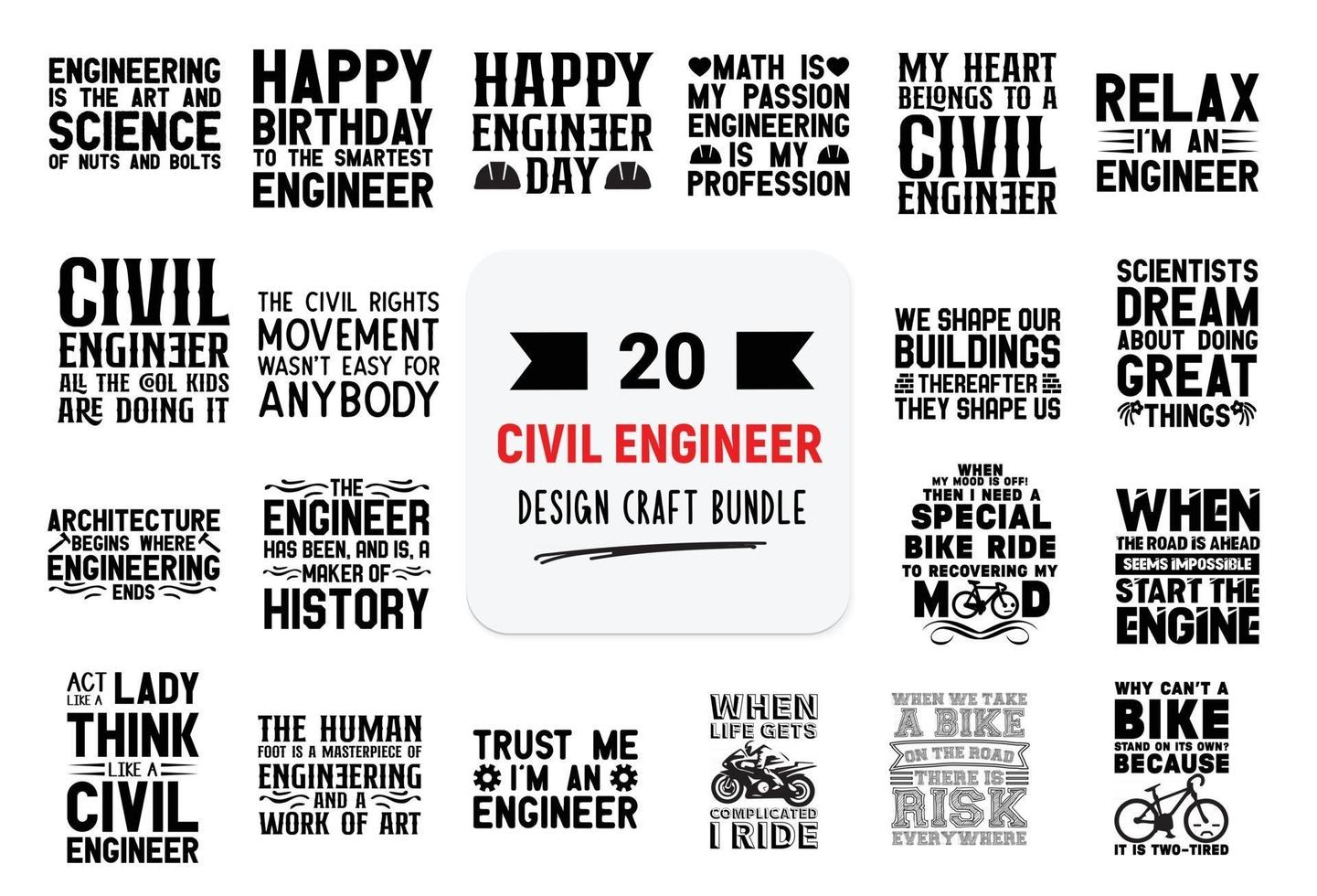 paquete de diseño artesanal con citas de letras de ingeniero civil. vector