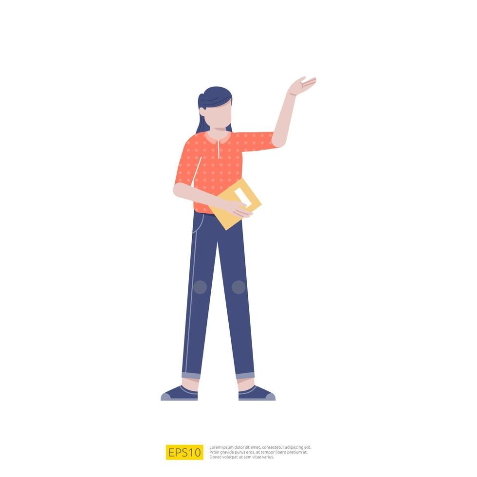 businesswoman or young woman worker character presentation pose with hand gesture and book holding in flat style isolated vector illustration