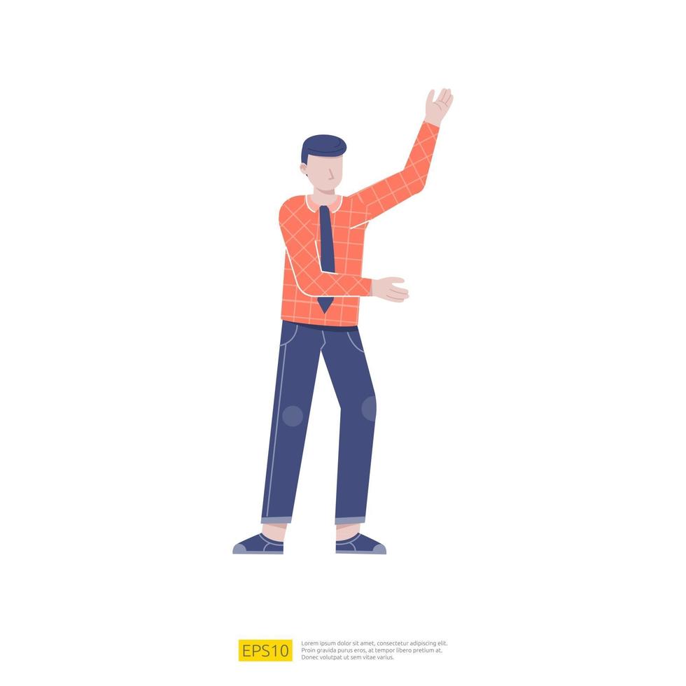 Hombre de negocios o joven trabajador pose de presentación de personaje con gesto de mano en estilo plano aislado ilustración vectorial vector