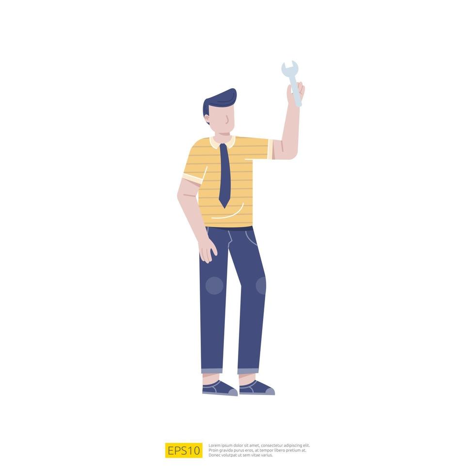 Man character holding wrench. Technical support or service concept , mechanical repair, maintenance work, professional support, help or assistance flat vector illustration