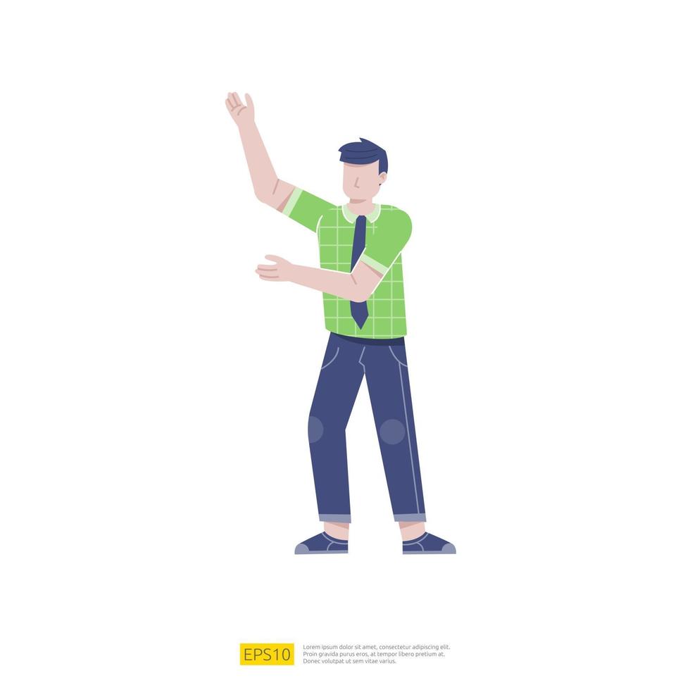 businessman or young man worker character presentation pose with hand gesture in flat style isolated vector illustration