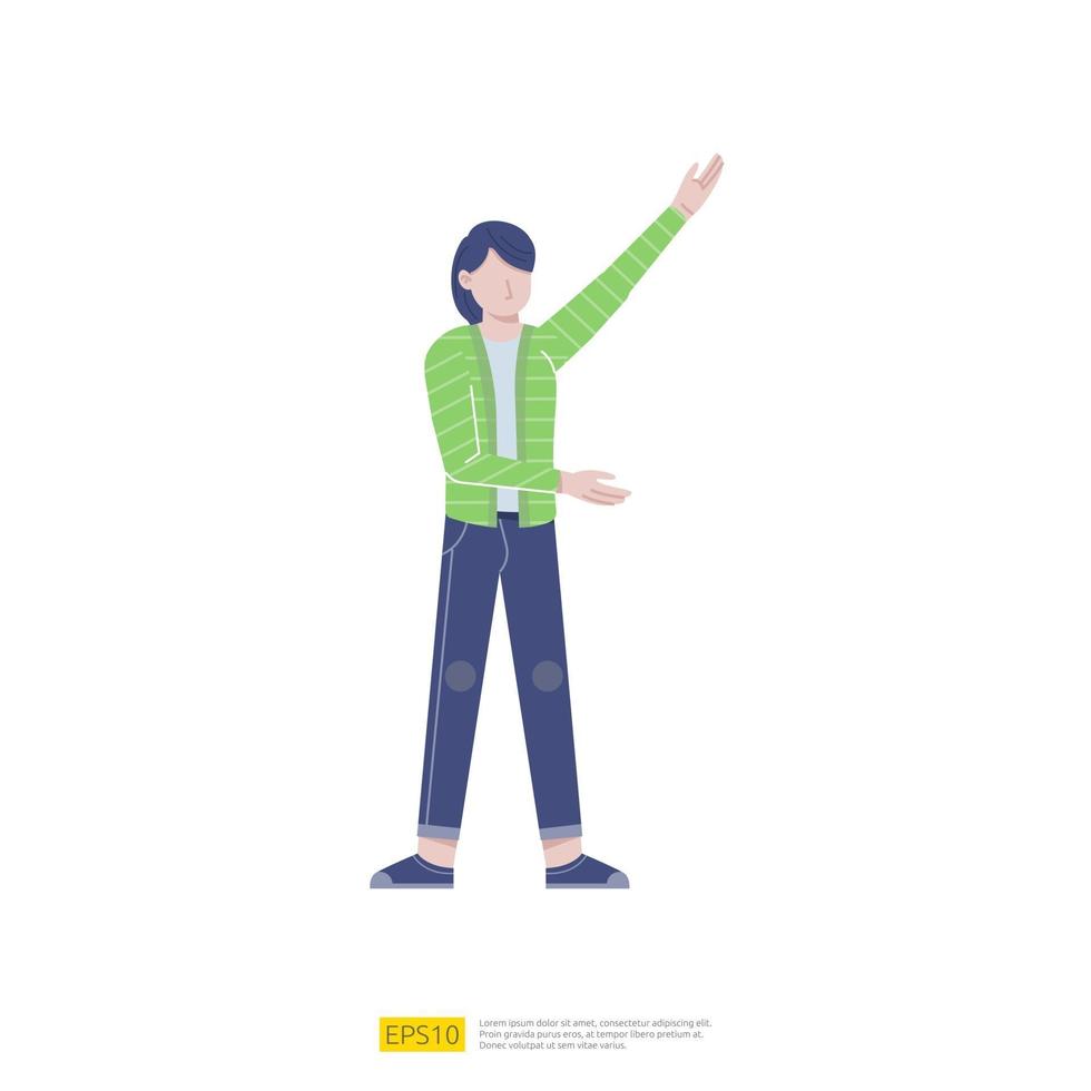 Pose de presentación de personaje de empresaria o joven trabajador con gesto de mano en estilo plano aislado ilustración vectorial vector