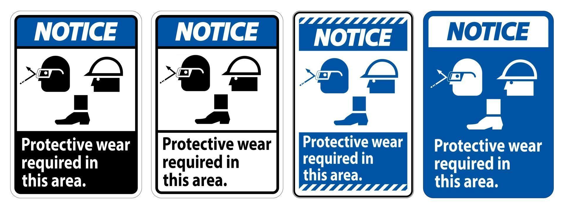 Señal de aviso Se requiere ropa protectora en esta área. con gafas, casco y símbolos de botas sobre fondo blanco. vector