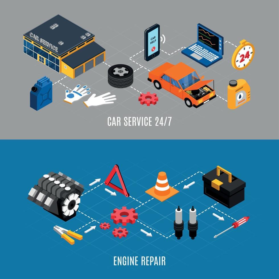 Car Service And Maintenance Banners Set Vector Illustration