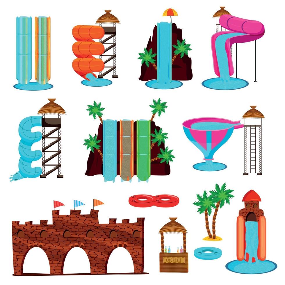 Aqua Park Flat Icons Set Vector Illustration