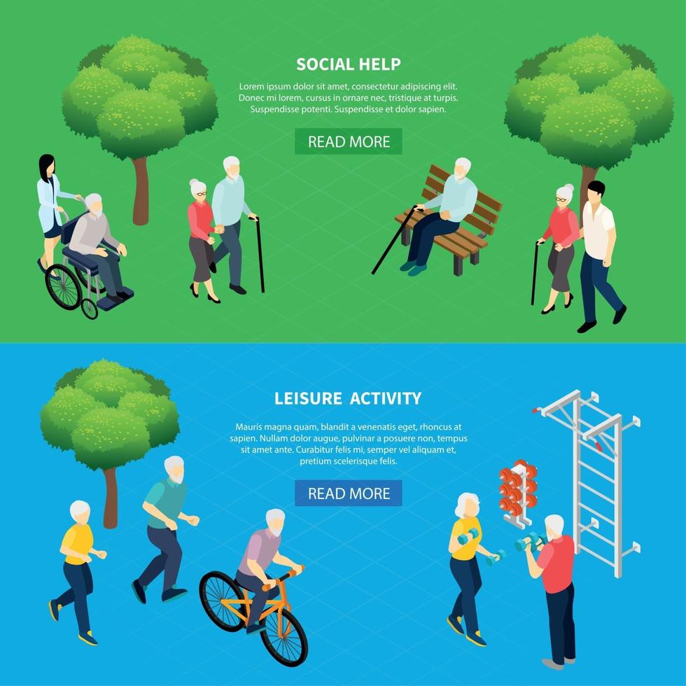 Pensioners Isometric Banners Vector Illustration