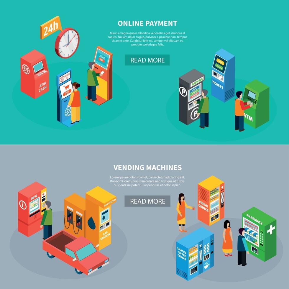 Vending Machines Isometric Banners Set Vector Illustration