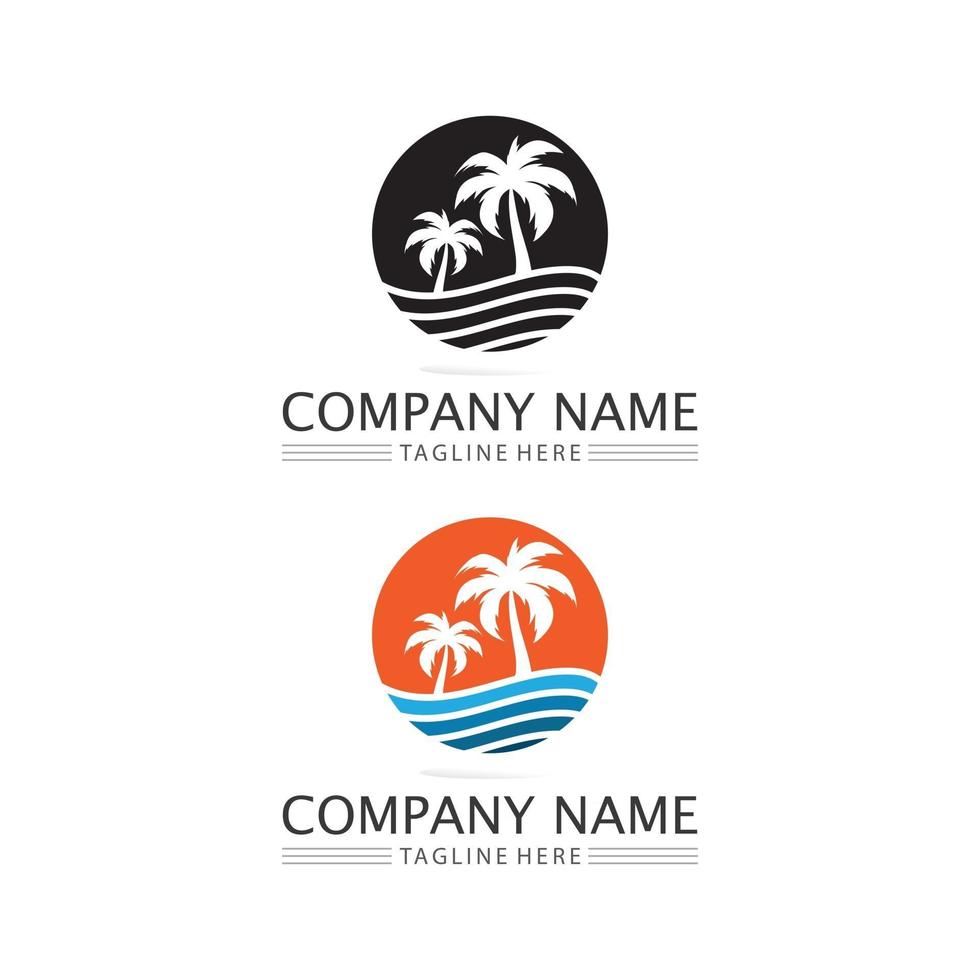 Palm tree summer logo template beach and ocean logo design and wave vector