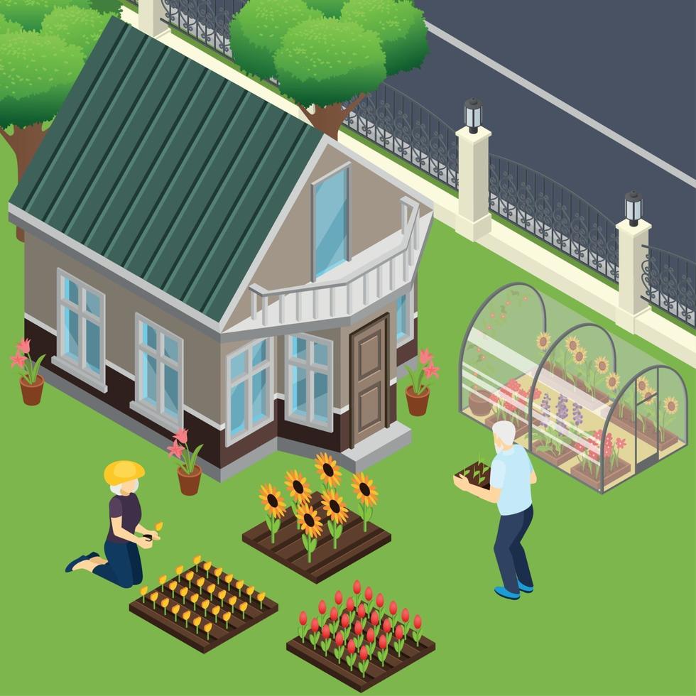 Pensioners Garden Work Isometric Illustration Vector Illustration