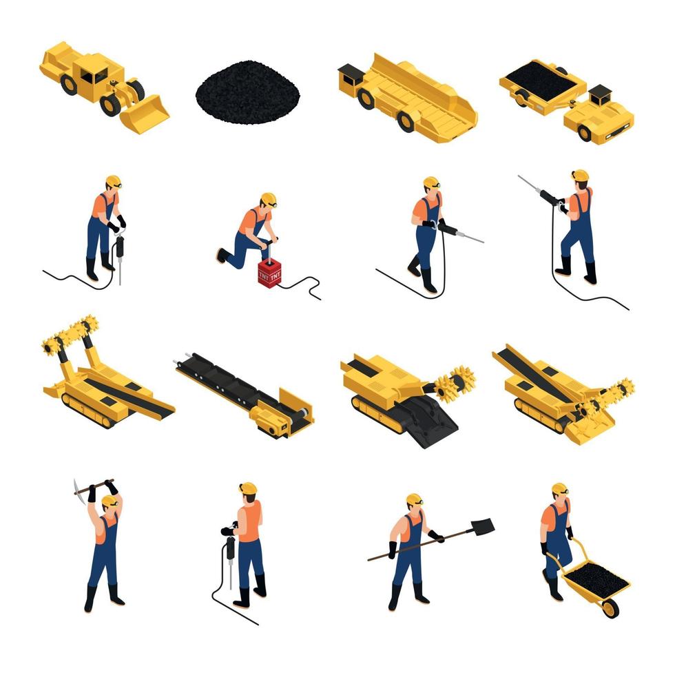 Ilustración de vector de iconos isométricos de minería de carbón