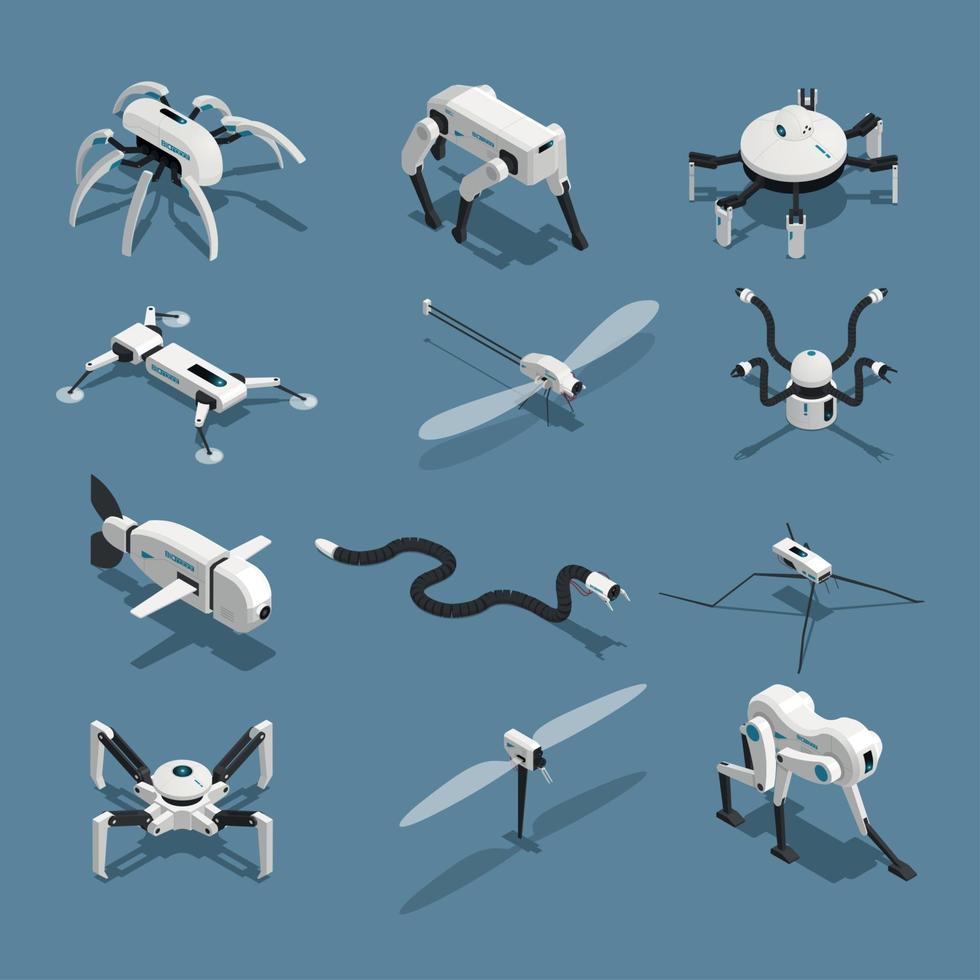 Bio Robots Isometric Icons Vector Illustration