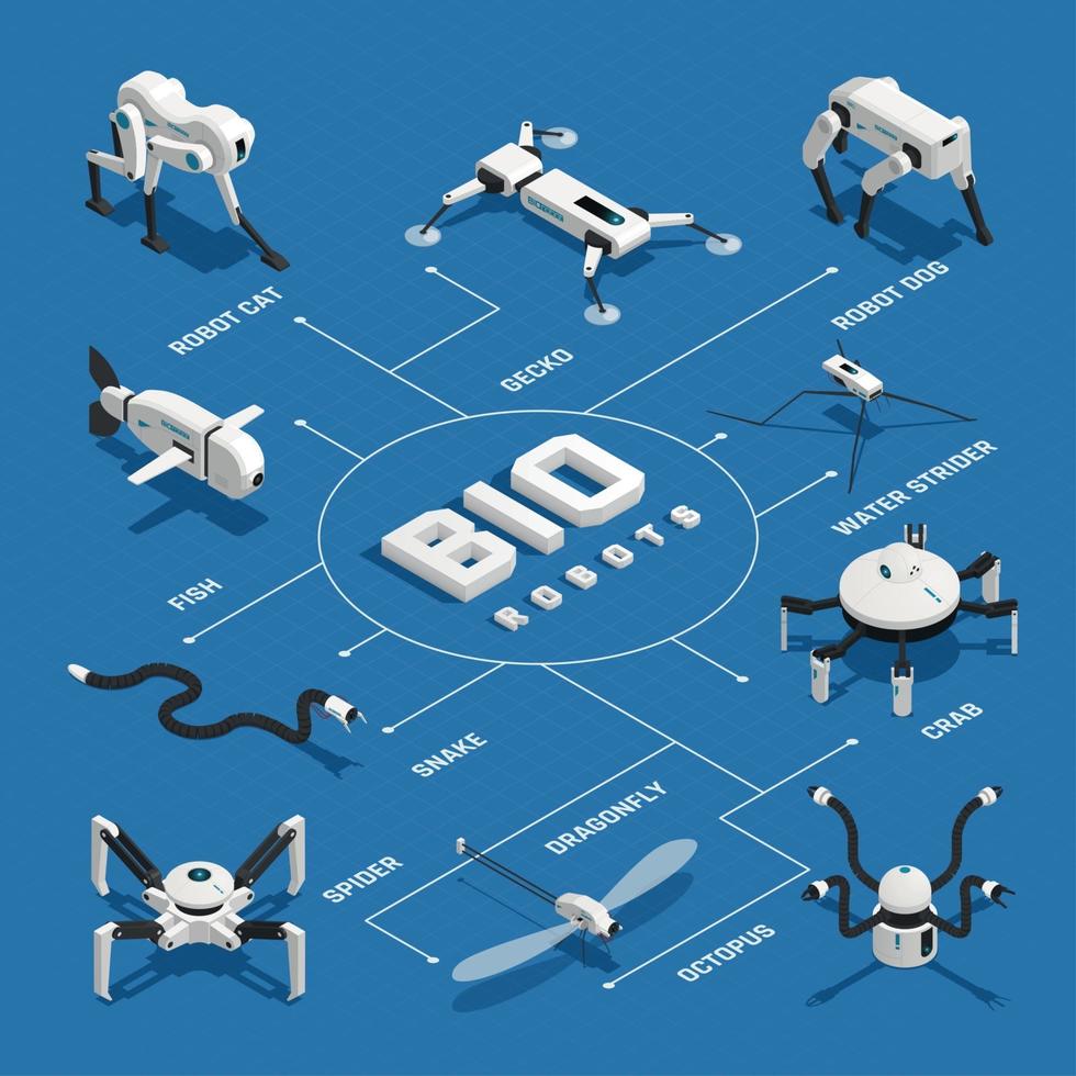 Ilustración de vector de diagrama de flujo isométrico de bio robots