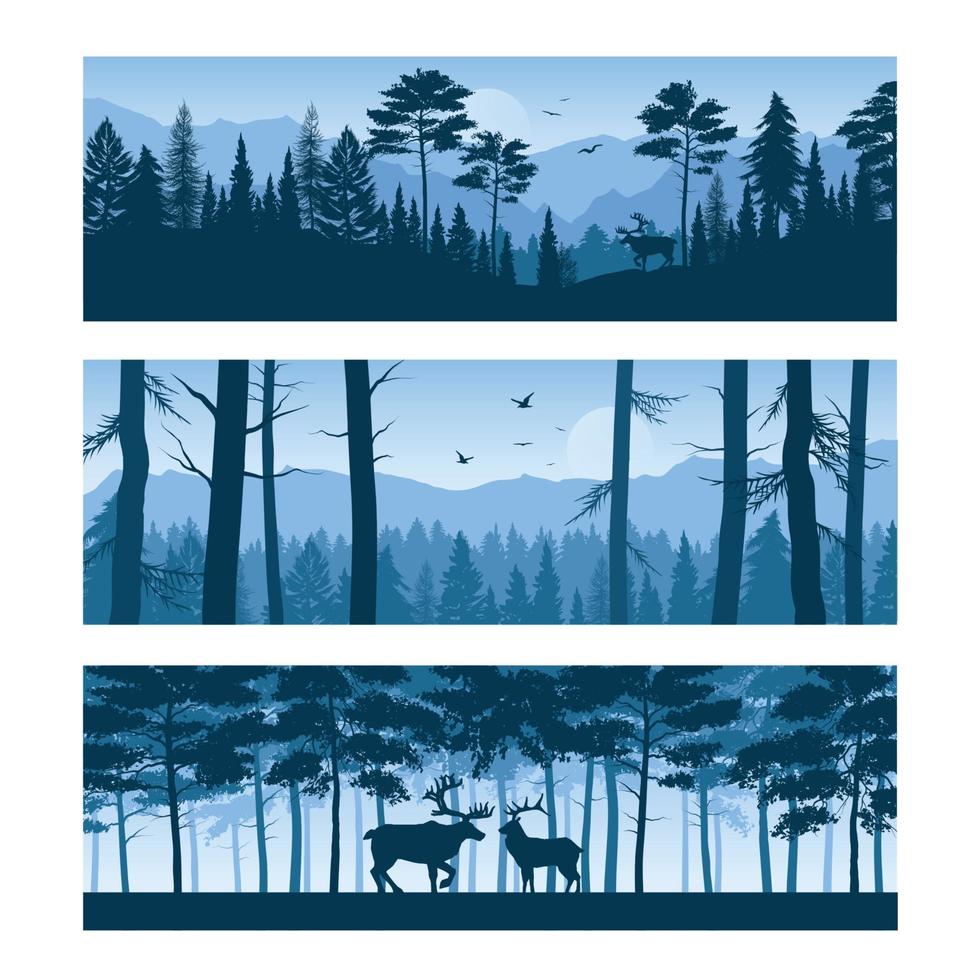 Realistic Forest Landscapes Horizontal Banners Vector Illustration