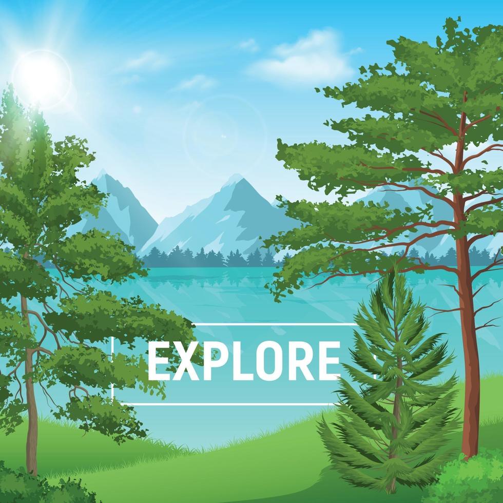 Realistic Pine Forest Sunny Landscape Vector Illustration